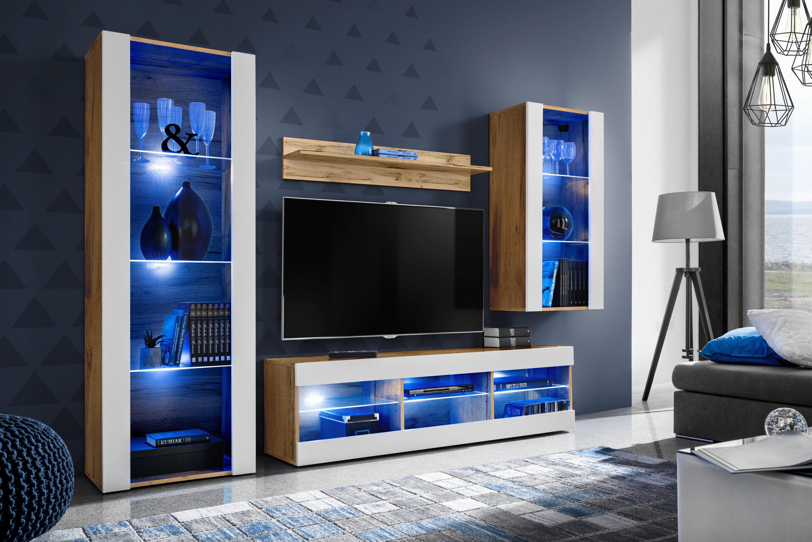WOHNZIMMERSET TIVOLI MEDIO, 4er-Set, Weiss, LED Blau - Eiche Wotan/Weiß, Glas/Holzwerkstoff (245/159/35cm) - Komodee