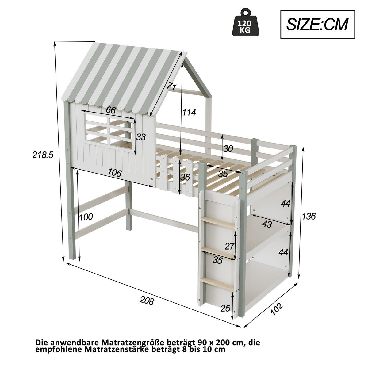 KINDERBETT 90/200 cm in Grün Hausbett mit Sicherheitsleiter und Stauraum - Weiß/Grün, Holz/Holzwerkstoff (90/200cm) - STILVORA