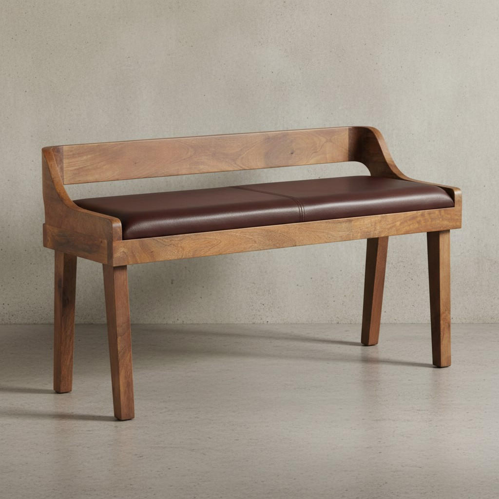 SITZBANK – Echtleder, 108 cm, mit Rückenlehne, Beine Massivholz - Braun, Mangoholz/Leder (108/63/43cm) - KADIMA DESIGN