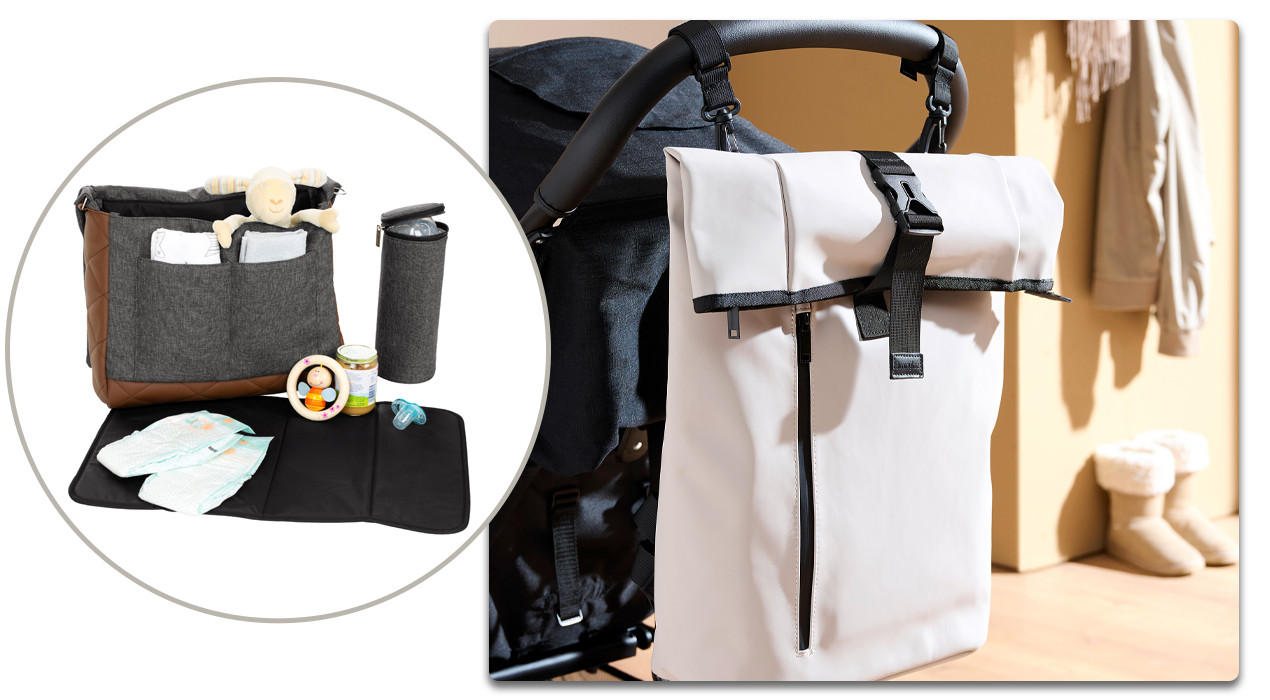 wickeltasche in beige am kinderwagen