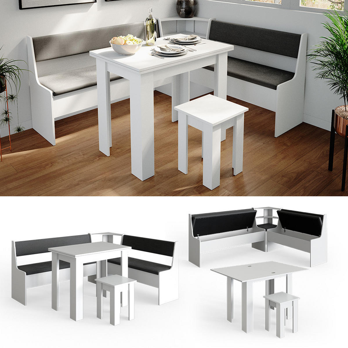 ECKBANKGRUPPE Roman Weiß 180 x 41.5 cm mit Tisch - Anthrazit/Weiß, Holzwerkstoff (180/80/150cm) - Vicco
