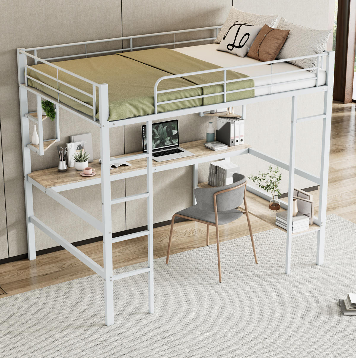 HOCHBETT mit Schreibtisch 140/200 cm in Weiß – mit Regalen und Rausfallschutz - Weiß, Metall (140/200cm) - BEAOK