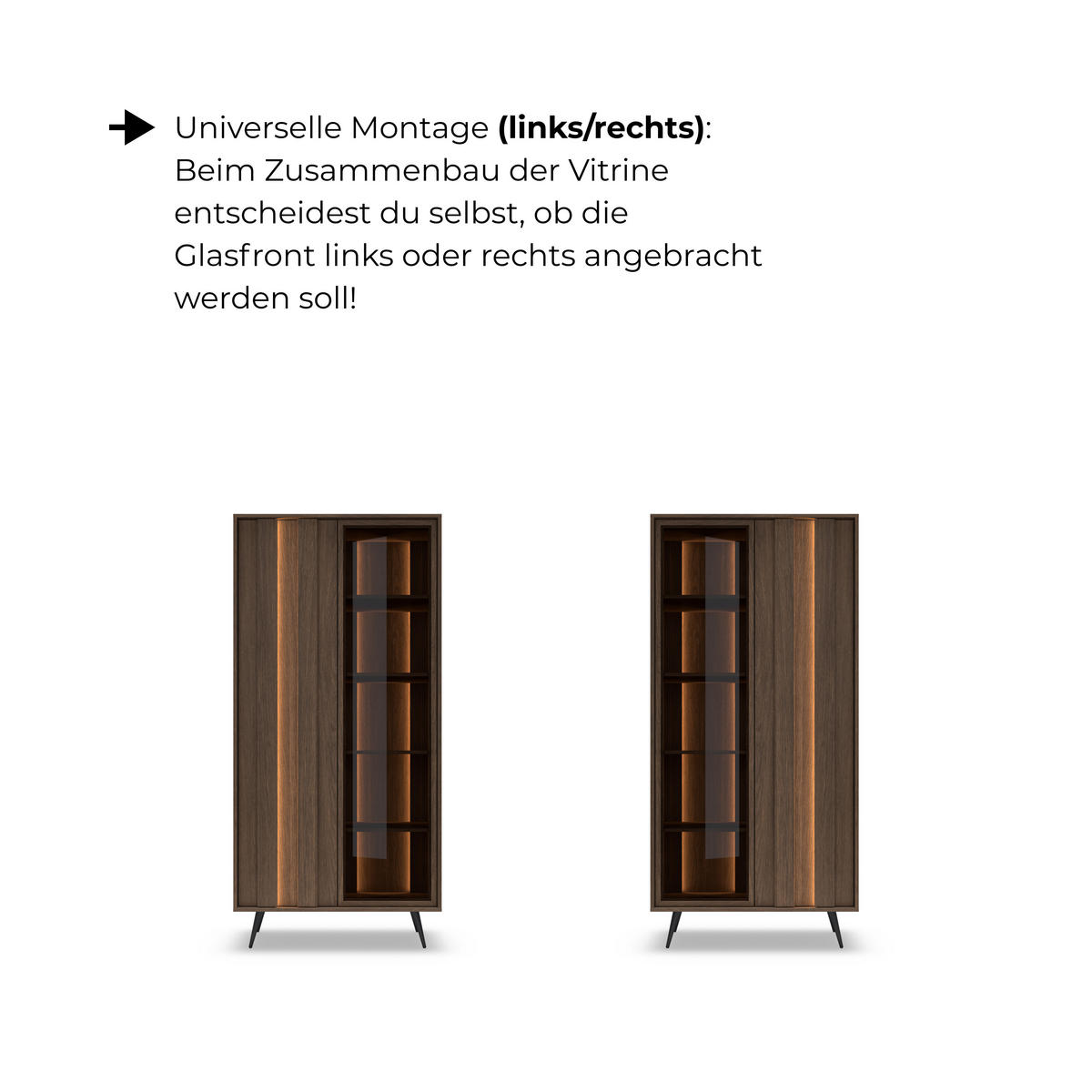 STANDVITRINE LUPO 93 cm Eiche Dunin - mit Doppel-LED, Soft-Close und Metallfüßen - Eichefarben/Schwarz, Holz/Holzwerkstoff (93/196/40cm) - Ravio