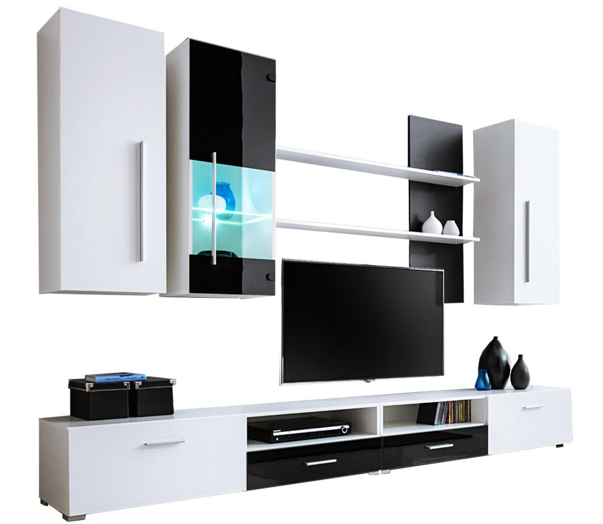 WOHNWAND 6-TEILIG Torino / weiß / schwarz Hochglanz 290 / 45 / 195cm - Schwarz/Weiß, Holzwerkstoff/Kunststoff (290/195/45cm) - Feldmann-Wohnen