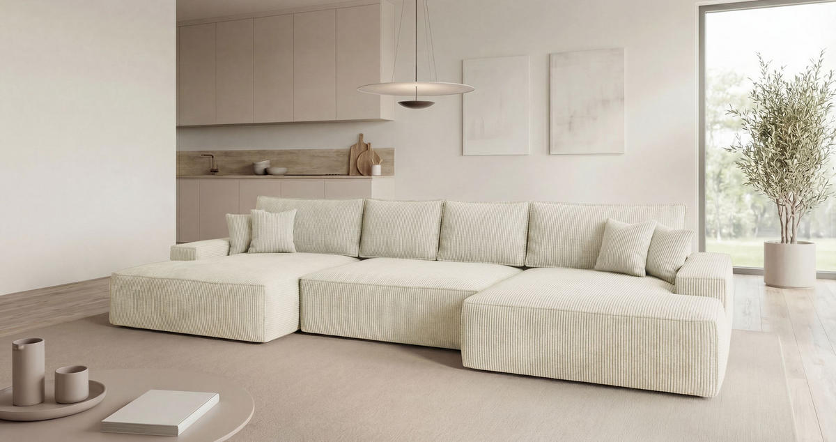 WOHNLANDSCHAFT VERONA U-Form weiß Cord Poso 100 - Schlaffunktion, Bettkasten - Weiß, Textil (385/86/185cm) - Cornero