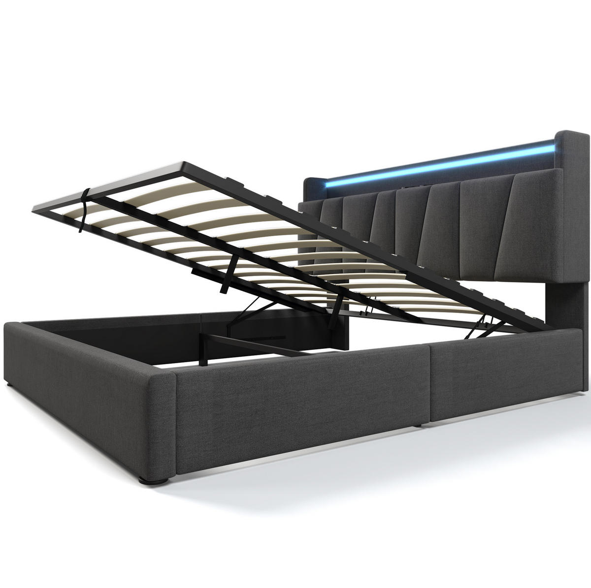 POLSTERBETT mit Stauraum, USB & LED 140x190 cm Leinen Grau - Grau, Metall (140/190cm) - Meubliv