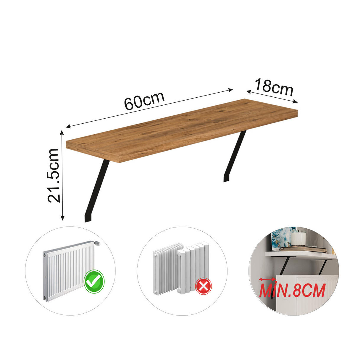 HEIZKÖRPERREGAL ADIN BRAUN 60 CM - Schwarz/Braun, Holzwerkstoff/Metall (60/21/18cm) - moebel17