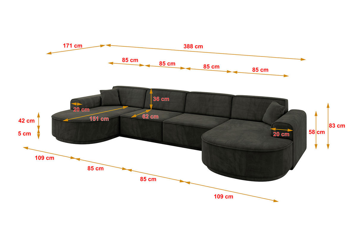 WOHNLANDSCHAFT MARI-U2-v3 - 388x171x83 cm Schwarz Velours - Schwarz, Holzwerkstoff/Kunststoff (388/83/171cm) - ALTDECOR