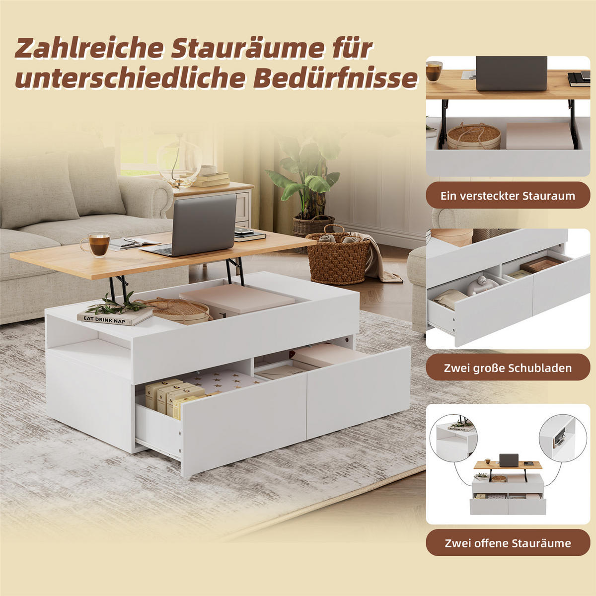 COUCHTISCH höhenverstellbar 2 Schubladen Weiß Holzfarbe 100/40/50 cm - Weiß, Holz (100/50/40cm) - Kaket