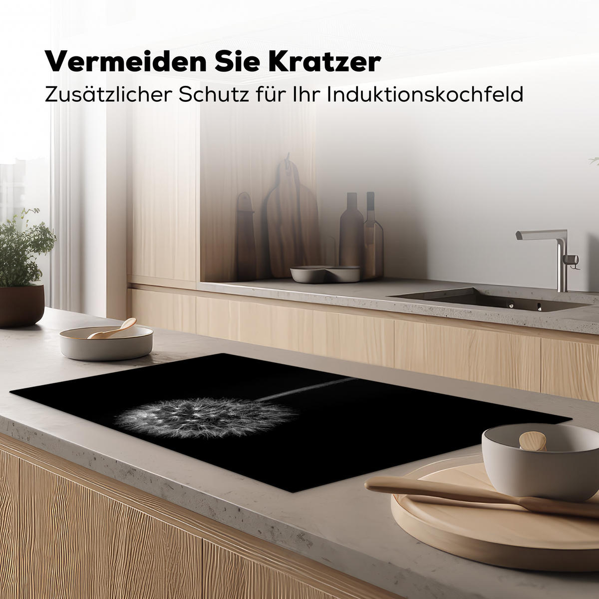 HERDABDECKPLATTE Löwenzahn - Schwarz - Floral - Botanisch 91x52 cm - Grau, Kunststoff (91.2/0.2/52cm) - MuchoWow