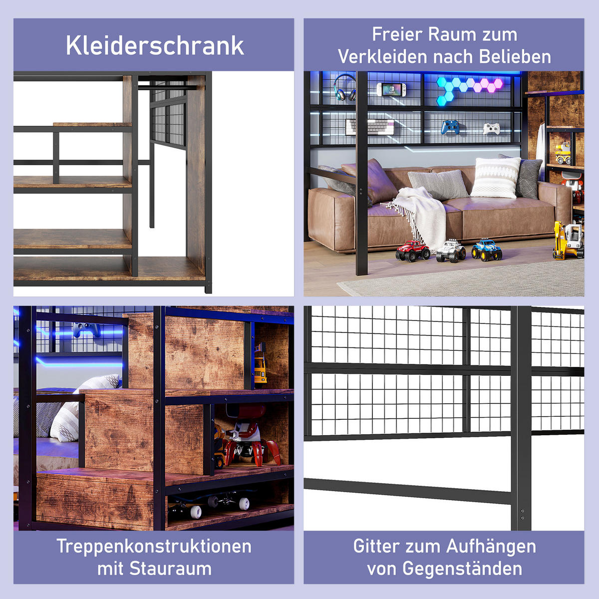 HOCHBETT 140x200cm Schwarz Metall Kleiderschrank LED-Licht - Schwarz, Metall (140/200cm) - FLIEKS