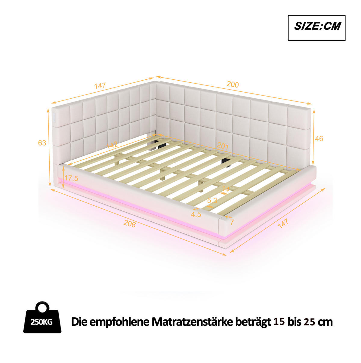 ČALÚNENÁ posteľ 140/200 cm s LED osvetlením, USB zásuvkou a roštom, Béžová - béžová, koža (140/200cm) - Redom