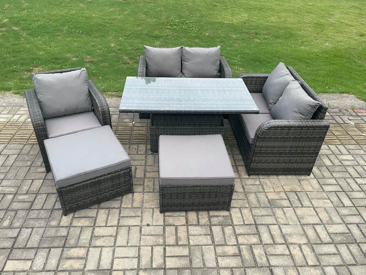 GARTENMÖBELSET Polyrattan 7-Sitzer - Dunkelgrau, Metall - Fimous