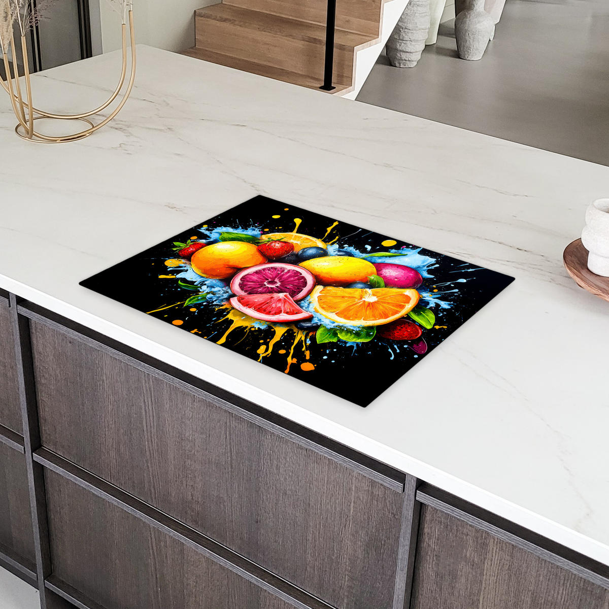 HERDABDECKPLATTE Obst - Graffiti - Bunt - Orange - Erdbeere - Abstrakt 70x52 cm - Orange, Kunststoff (70/0.2/52cm) - MuchoWow