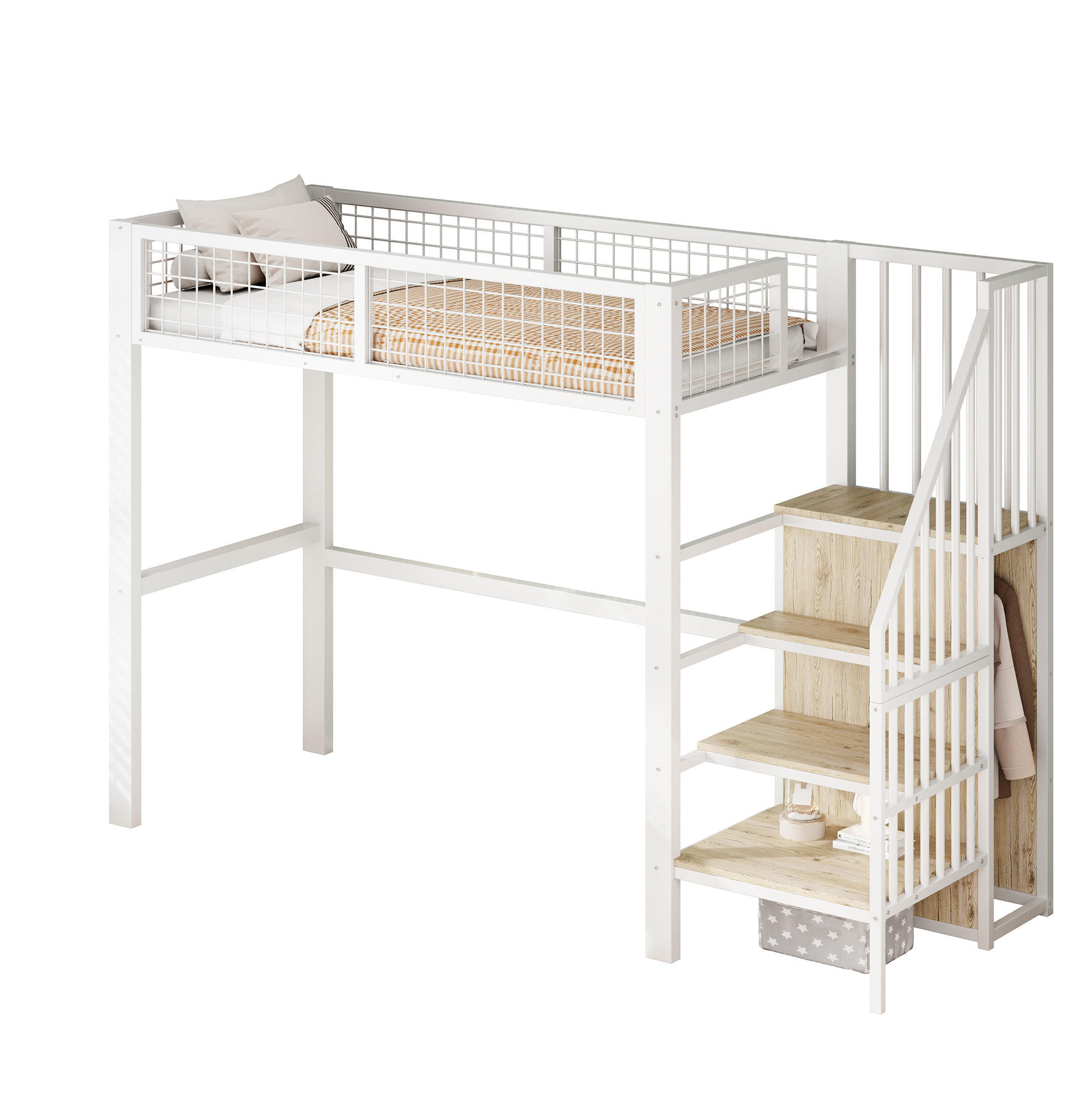 HOCHBETT aus Metall 90x200 cm in Weiß mit Leiter & Kleiderschrank - Weiß, Metall (90/200cm) - Modfu