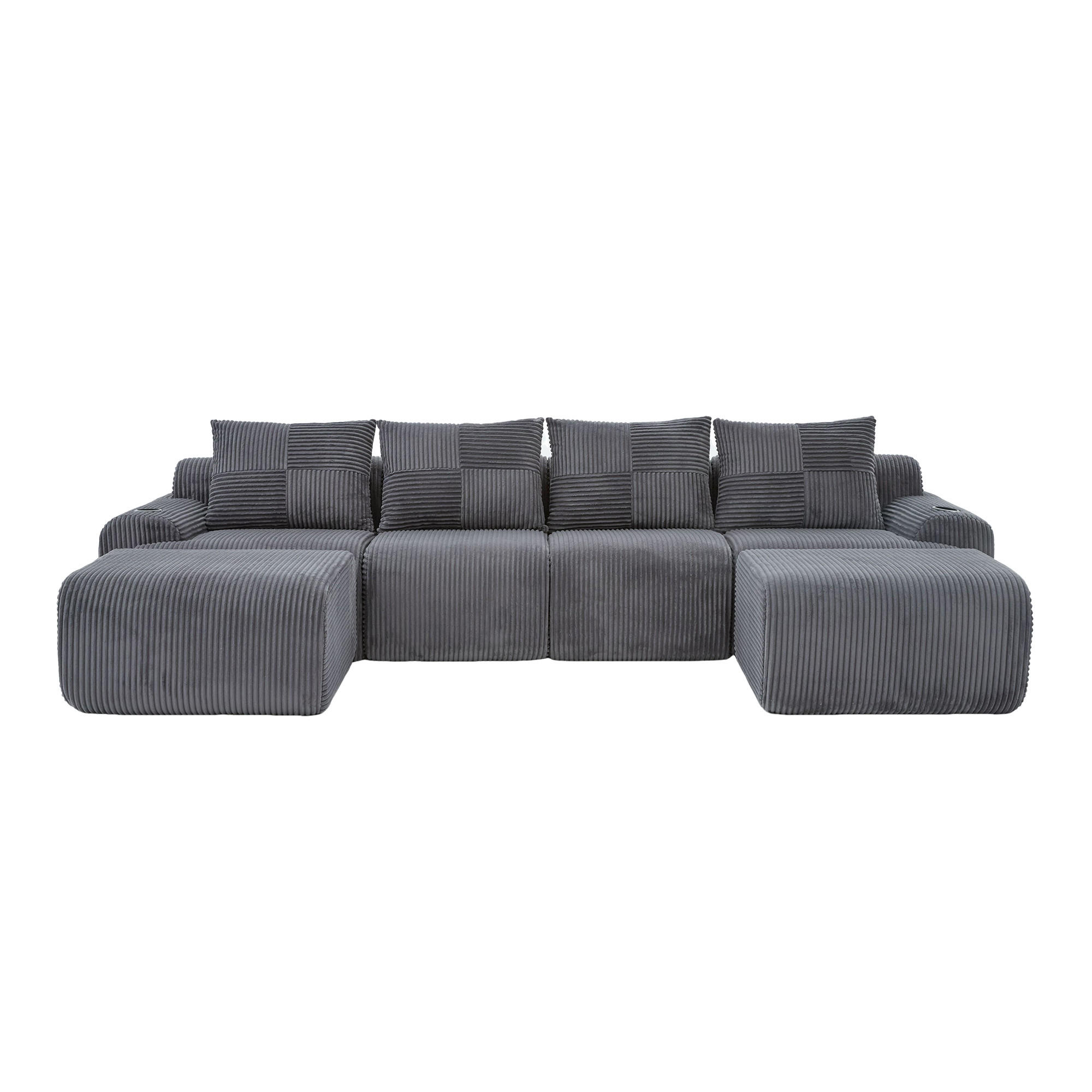 WOHNLANDSCHAFT Cord Dunkelgrau mit 2 Hockern, Cupholder und Seitentasche - Dunkelgrau, Textil (333/80/174cm) - WISHDOR