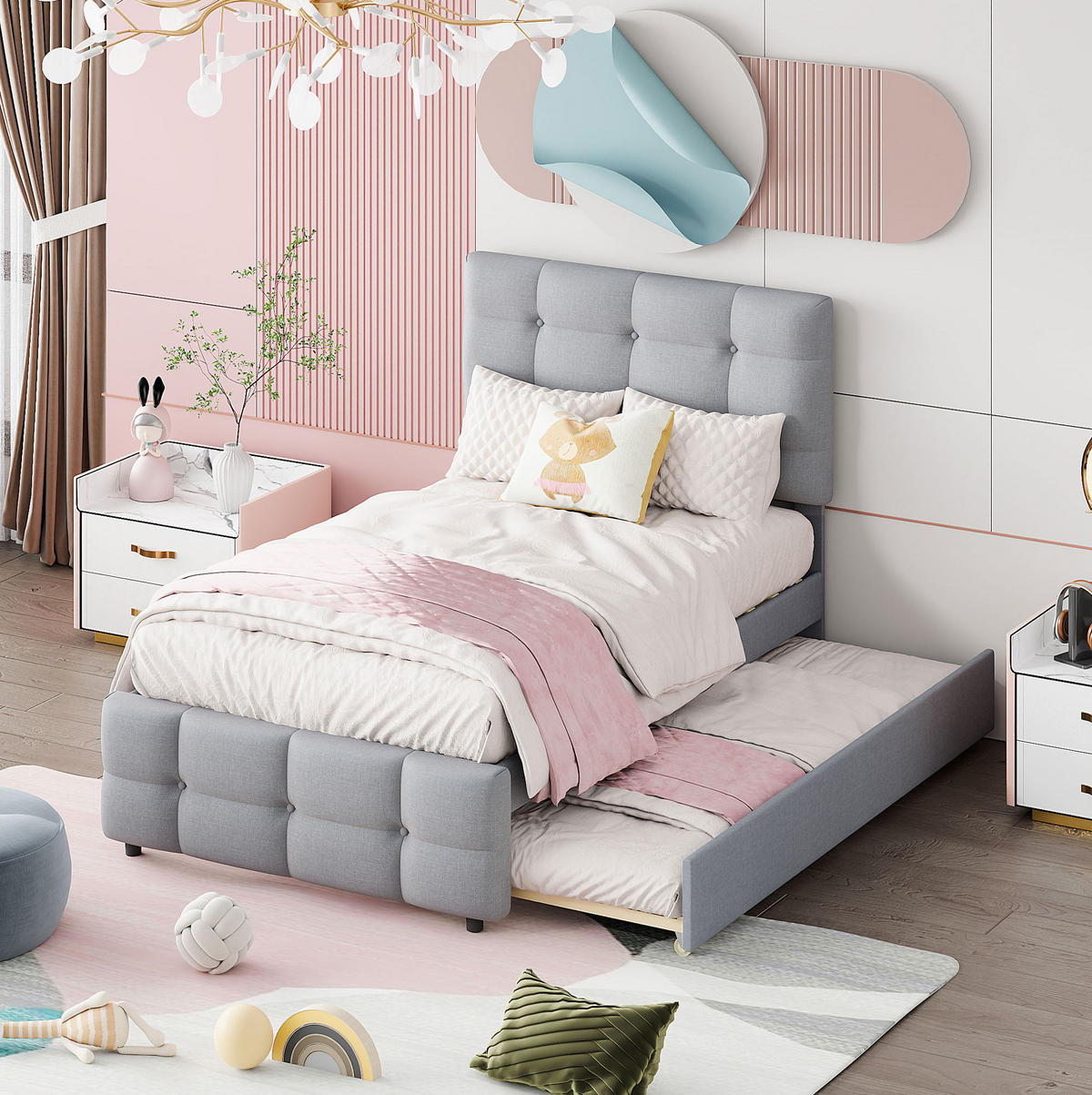 POLSTERBETT 90/200 cm Grau aus MDF, Metall und Leinenstoff mit ausziehbarem Bett - Grau, Textil (90/200cm) - OKMYHOME