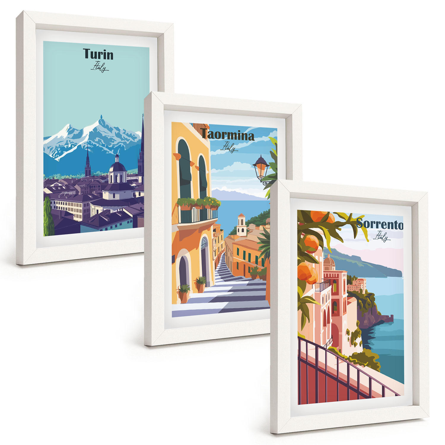 BILDER SET 3er Set - 20x30 cm Weißer Rahmen - Farbenfrohe Retro-Stadtansichten - Weiß, Kunststoff (20/30cm) - TULUP