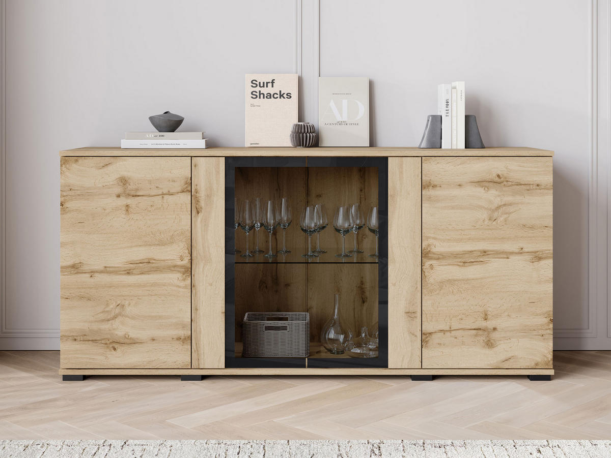 KOMMODE Caro SB 154 4D - Eiche Wotan/Schwarz, Holzwerkstoff/Kunststoff (150/70/40cm) - MIRJAN24