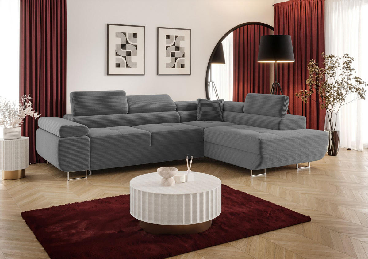 ECKSOFA EMILY mit Schlaffunktion Poso 60 Rechts - Grau, Textil (275/200cm) - Bedante
