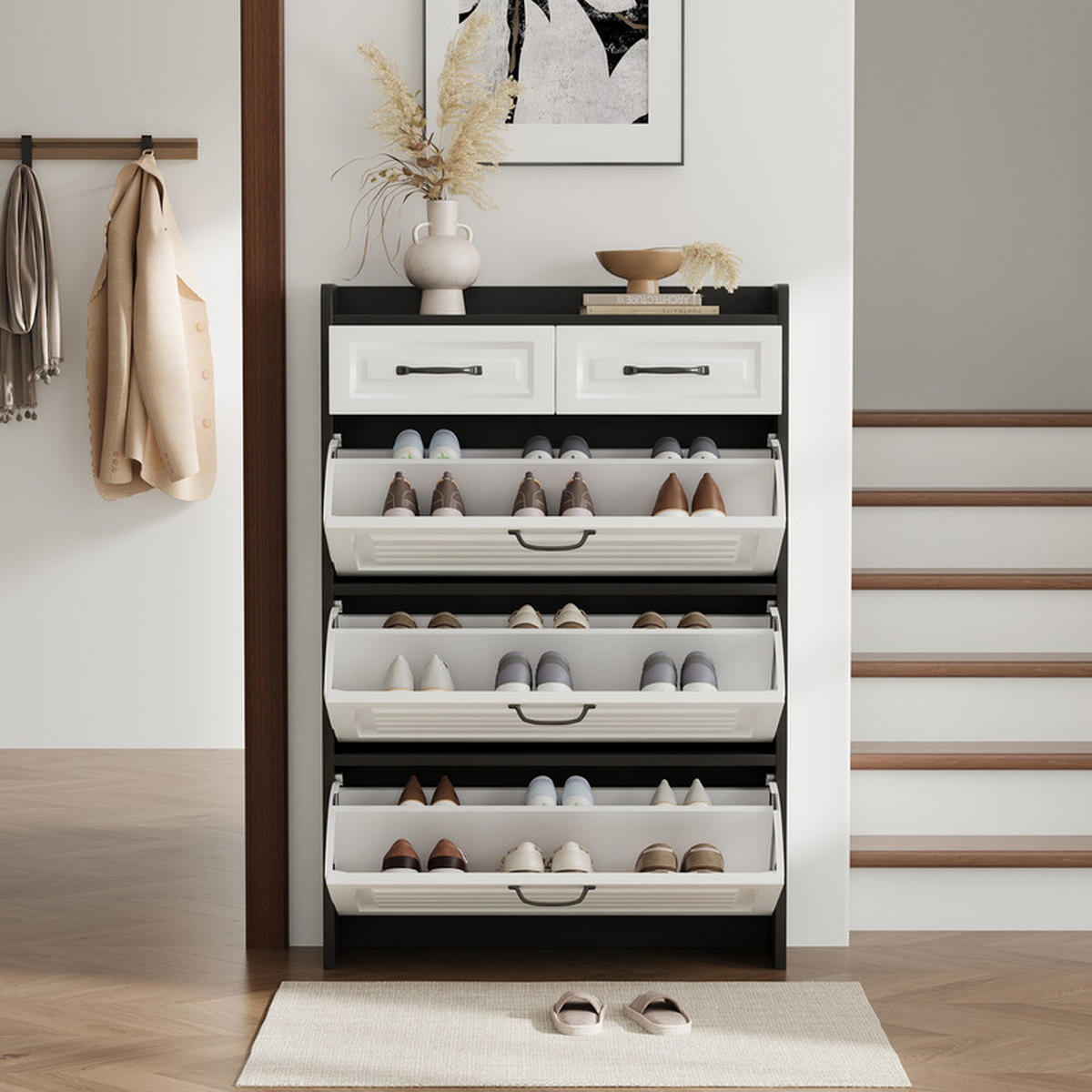SCHUHSCHRANK drehbar mit 3 Klapptüren und 2 Schubladen 80x23,5x131 cm - Weiß, Holzwerkstoff (23.5/131/80cm) - Moorle