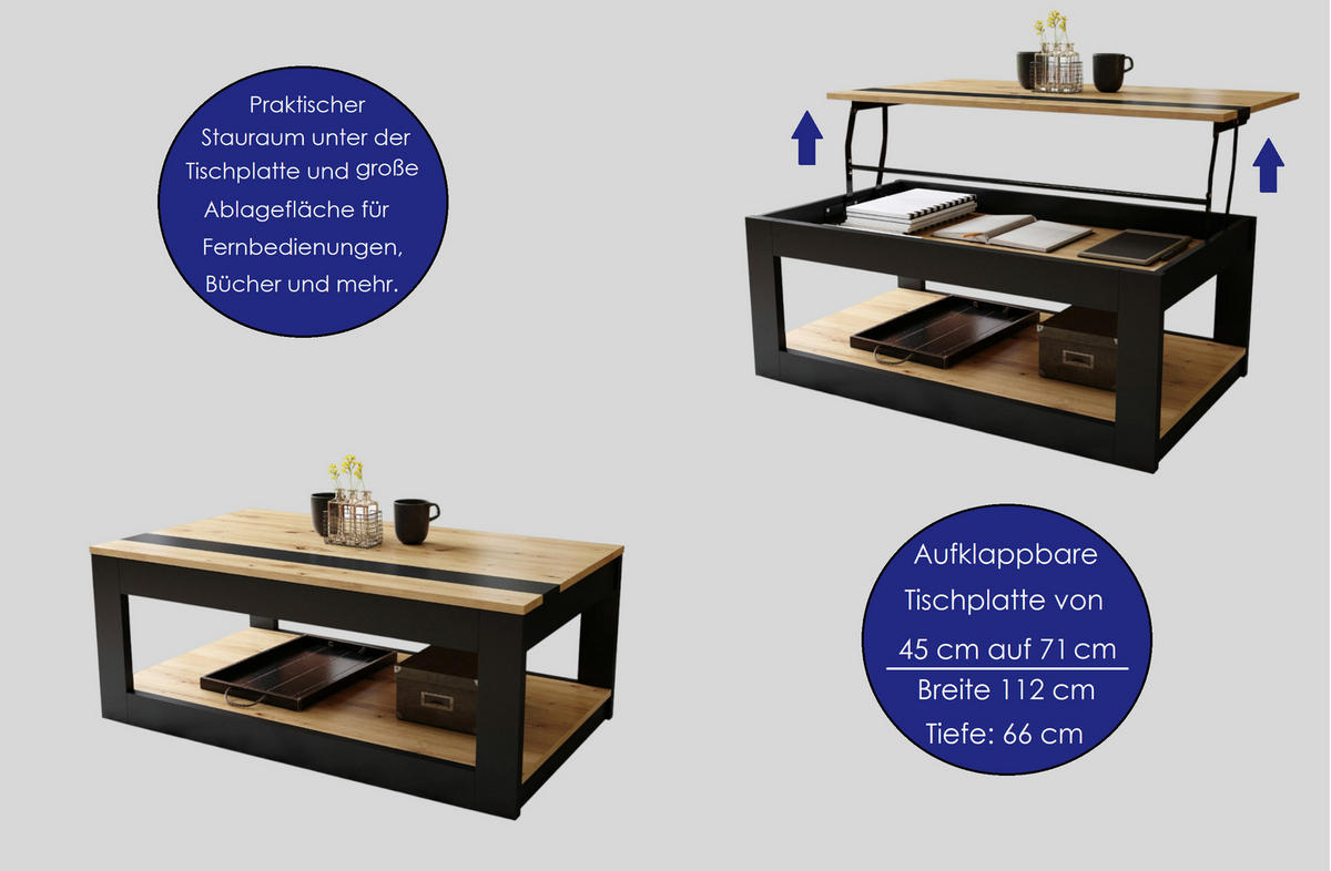 COUCHTISCH rechteckig Schwarz - Beton aufklappbar - Hellgrau/Schwarz, Holzwerkstoff (66/112/45cm) - designimpex