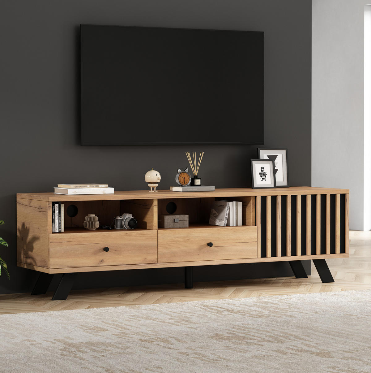 TV ormarić 150/38/44 cm prirodna boja drva i crni od iverice s 2 ladice i ormarićem - prirodne boje, drvni materijal (150/44/38cm) - OKWISH