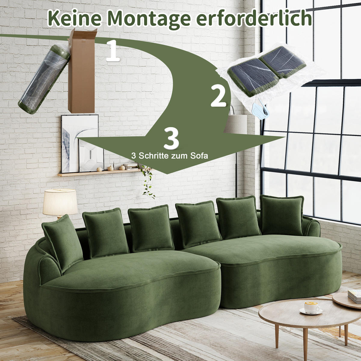 4-SITZER Sofa 320x114x67 cm aus Chenille-Stoff rahmenlos ohne Montage, grün - Grün, Textil (114/67/320cm)