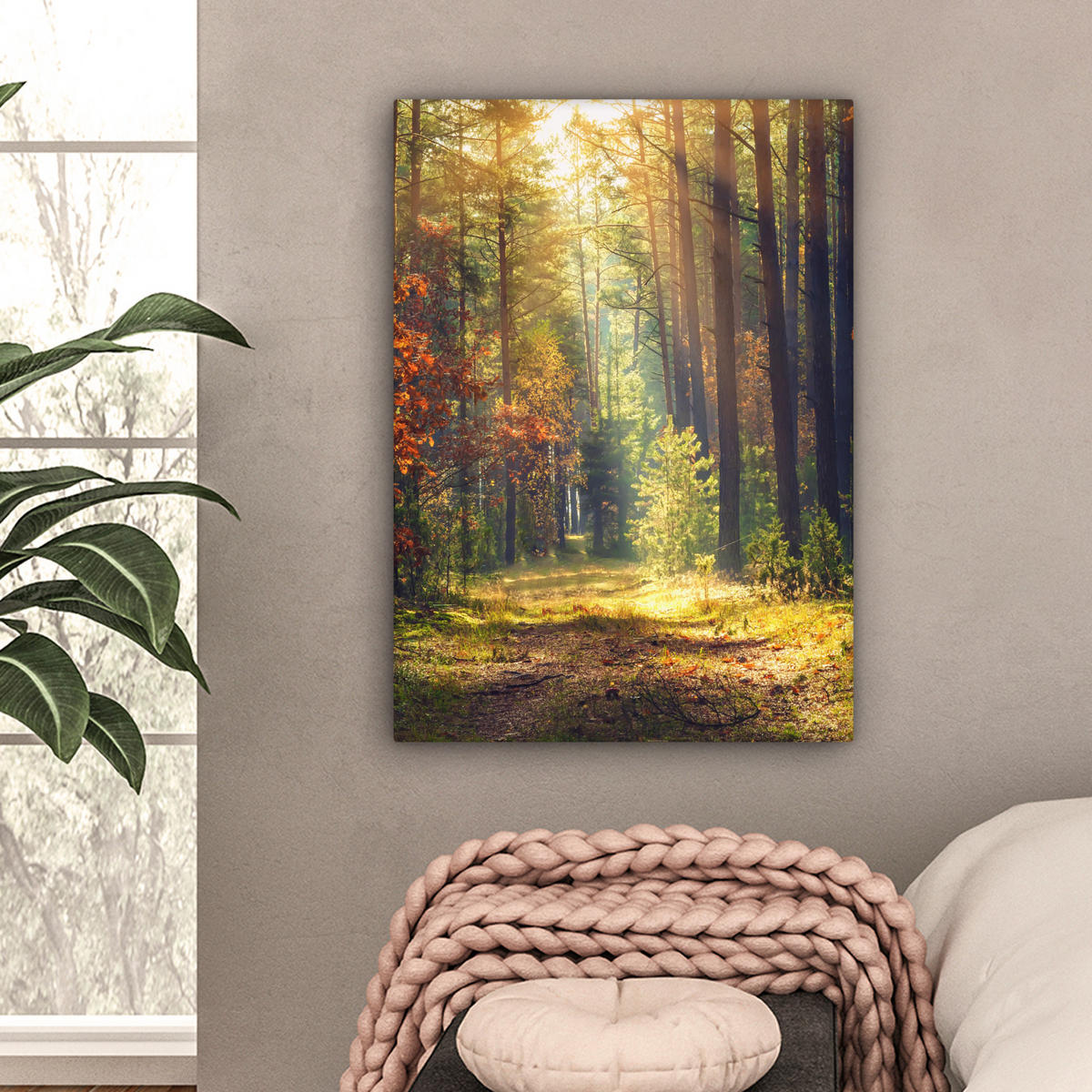 LEINWANDBILD Wald - Herbst - Bäume 60x80 cm - Dunkelgrün, Textil (60/80cm) - MuchoWow