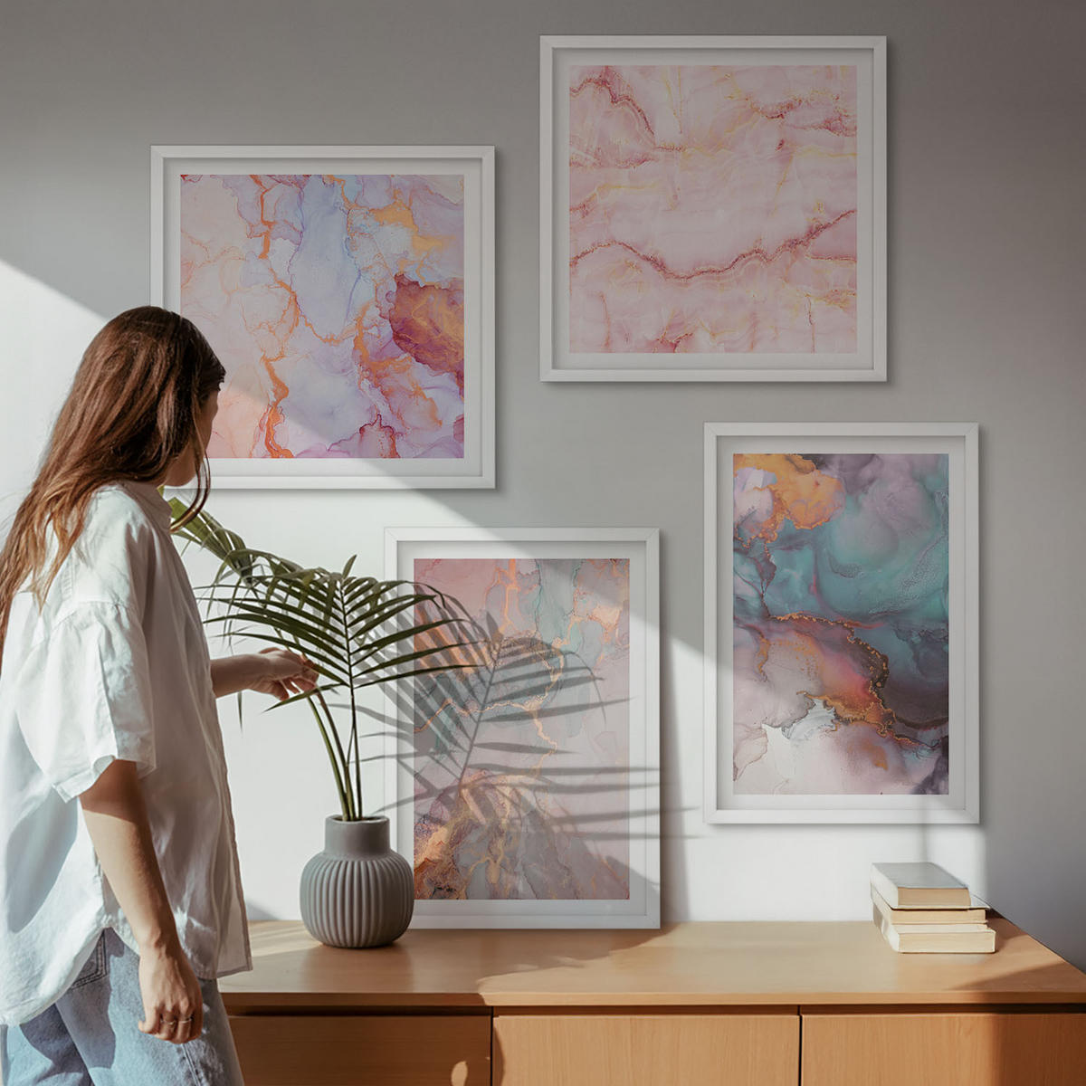 BILDER SET 4er Set - 50x50 cm & 40x60 cm Weißer Rahmen - Abstrakte Pastellmuster - Weiß, Kunststoff (50/50cm) - TULUP