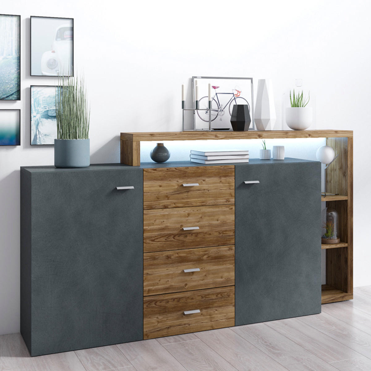 KOMODA Ilyes Sivo i drvo - siva, drvni materijal (180/98/37cm) - Petits-meubles