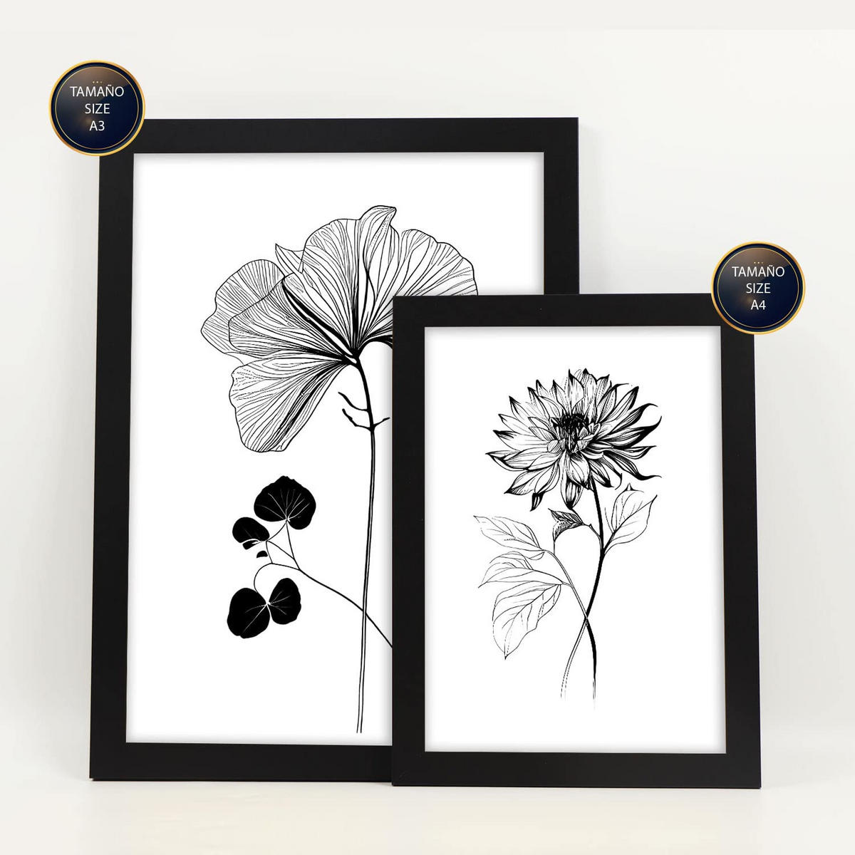 POSTER Set Mit 6 Belaubte Blumen Natur Und Botanikdrucke Mit Blumenmotiven In Klassischem Schwarz Und Weiß Innenarchitektur A3 & A4 Schwarzer Rahmen - Schwarz, Papier (29/3cm) - Nacnic