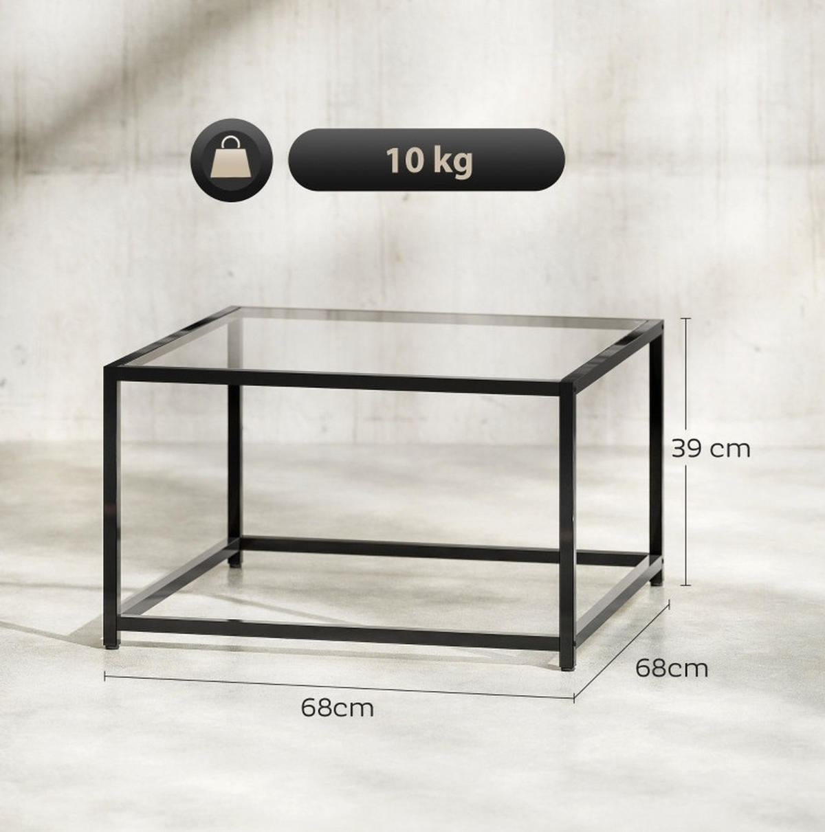 COUCHTISCH 68/68/39 cm schwarz aus gehärtetem Glas und Stahl mit industriellem Design - Schwarz, Glas (68/68/39cm) - OKMYHOME