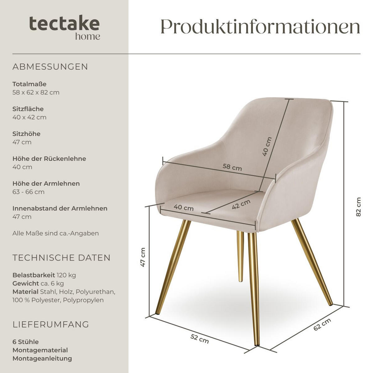 ESSZIMMERSTUHL Marilyn,58 x 62 x 82 cm,taupe/gold - Taupe/Goldfarben, Textil (58/82/62cm) - tectake