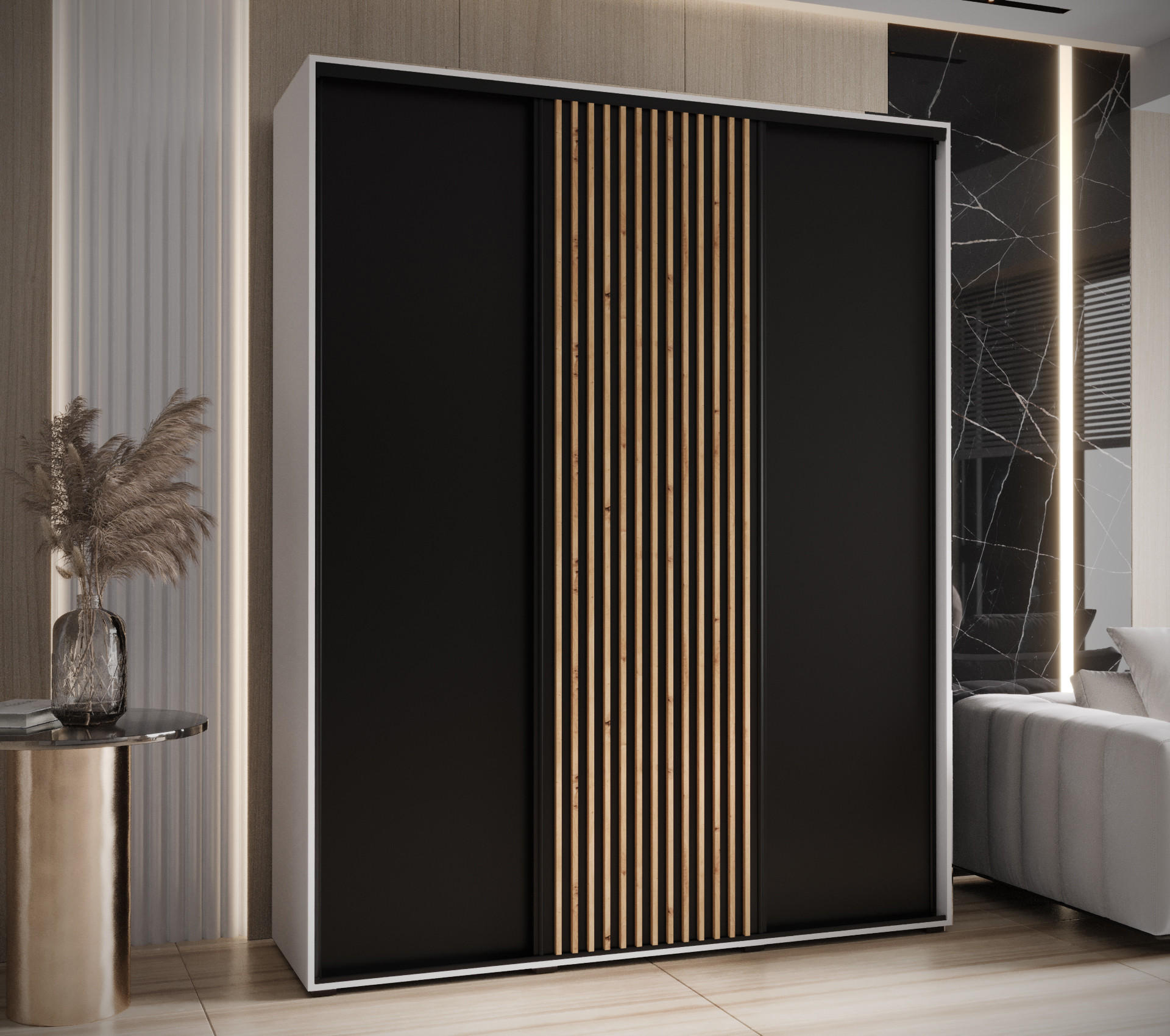 SCHWEBETÜRENSCHRANK 205,2/200/60 3-türig - Schwarz/Weiß, Holz/Metall (200/205.2/60cm) - Abiks Möbel