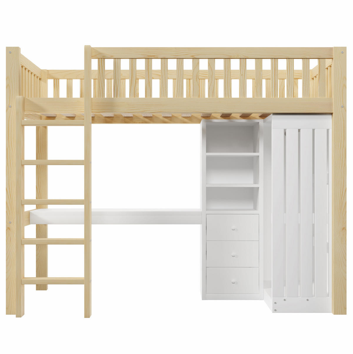 HOCHBETT 90/200 cm Natur mit Schreibtisch, Kleiderschrank und 3 Schubladen - Naturfarben, Holz (90/200cm) - Flora Grace