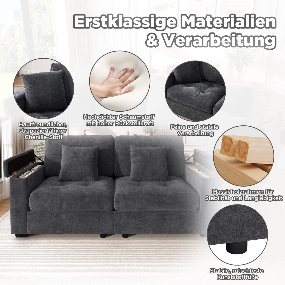 2-SITZER-SOFA DE-35382 mit Stauraum Dunkelgrau - Dunkelgrau, Holzwerkstoff (81.5/84/180cm) - ComfortXL