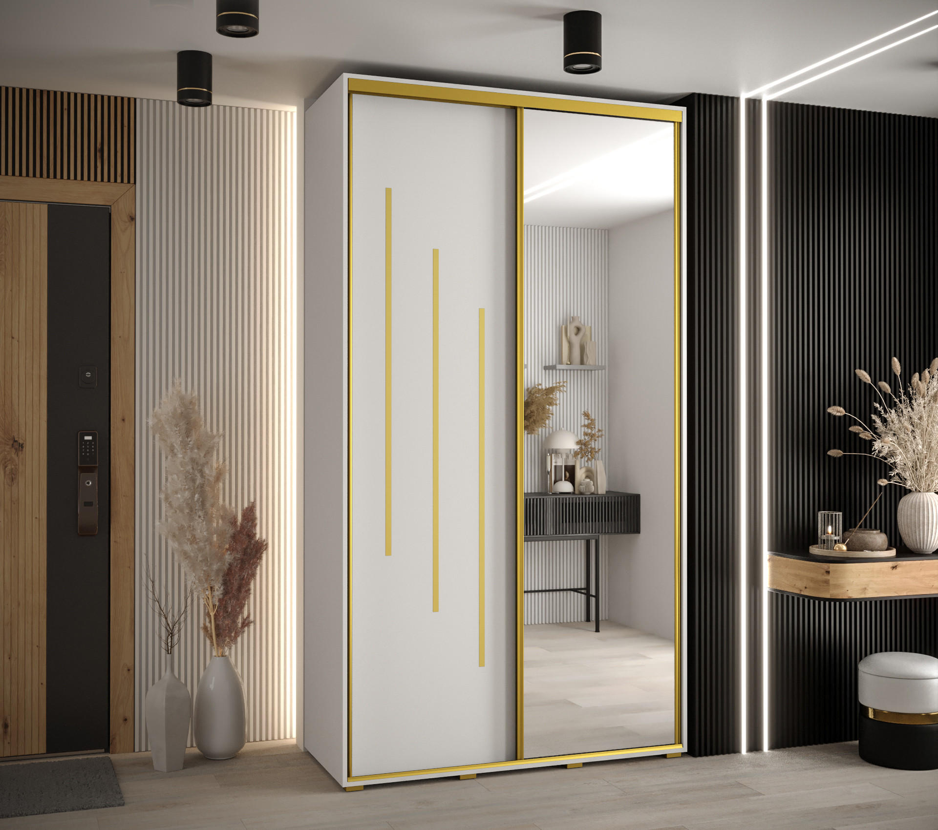 SCHWEBETÜRENSCHRANK 235,2/130/60 2-türig - Goldfarben/Weiß, Holz/Metall (130/235/60cm) - Abiks Möbel