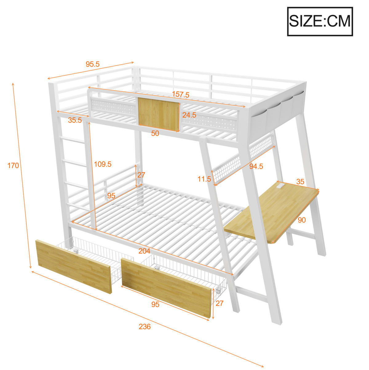 ETAGENBETT 90/200 cm mit Schreibtisch, Weiß - Weiß, Metall (90/200cm) - OKMYHOME