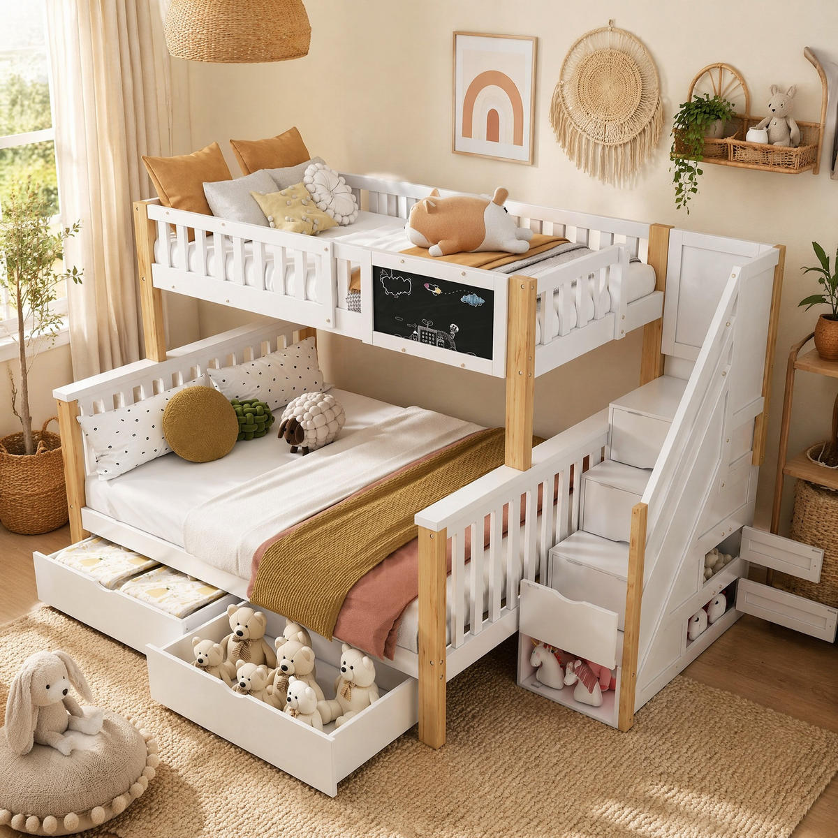 ETAGENBETT 90/200 cm in Weiß/Hell-Eiche mit Tafel und Stauraum - Weiß, Holz (90/200cm) - OKMYHOME