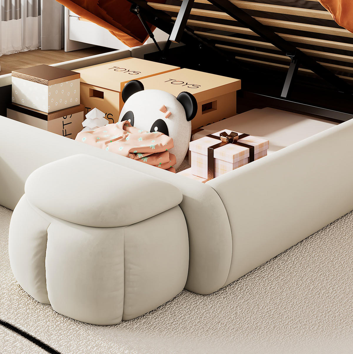 POLSTERBETT mit Stauraum 140x200 cm Samt Beige inkl. 2 Hocker - Beige, Metall (140/200cm) - Meubliv