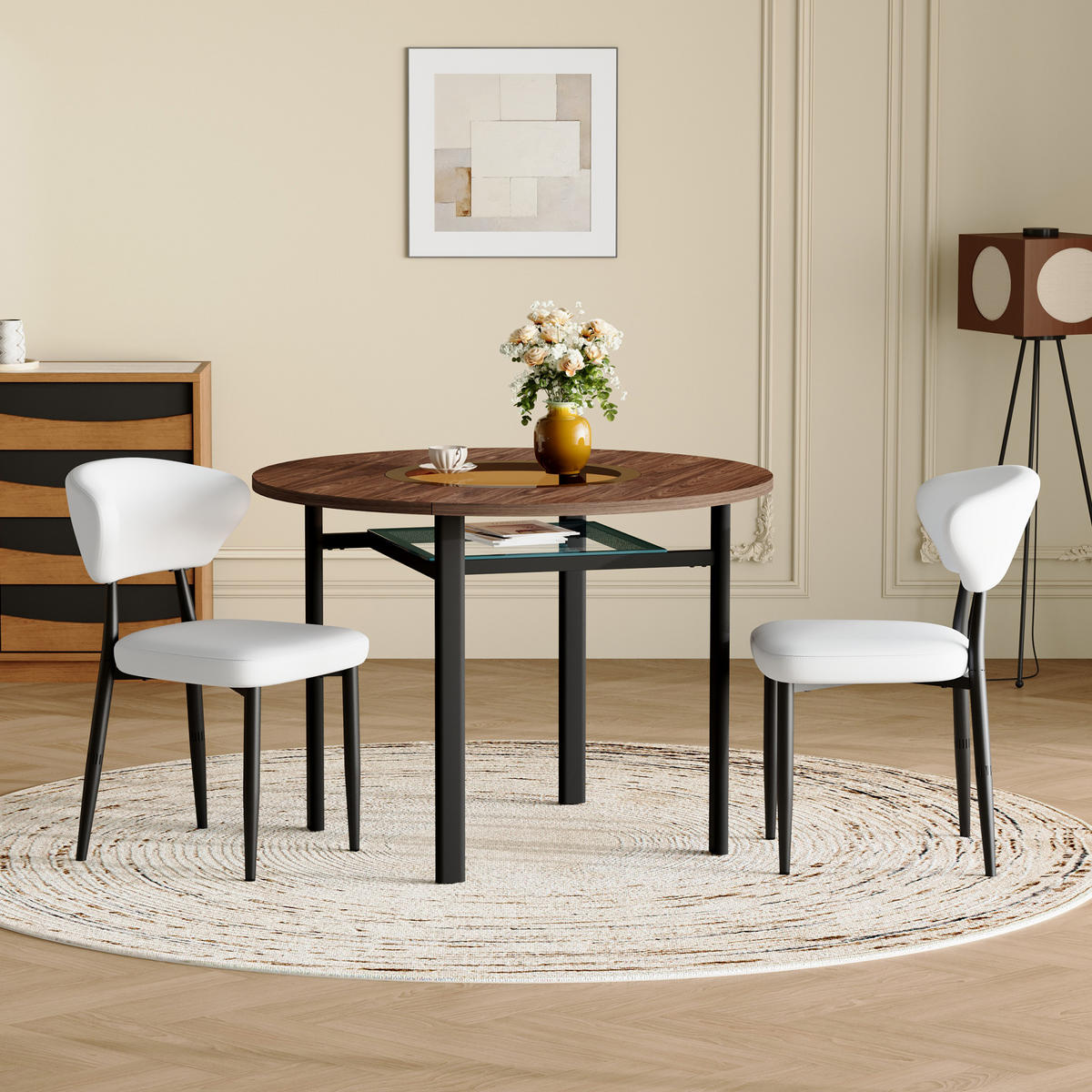ESSGRUPPE DE-39356 3-teilig, mit 2 PU-Sesseln und Glasintarsie Braun/Weiß - Weiß, Metall (100/76/100cm) - ComfortXL