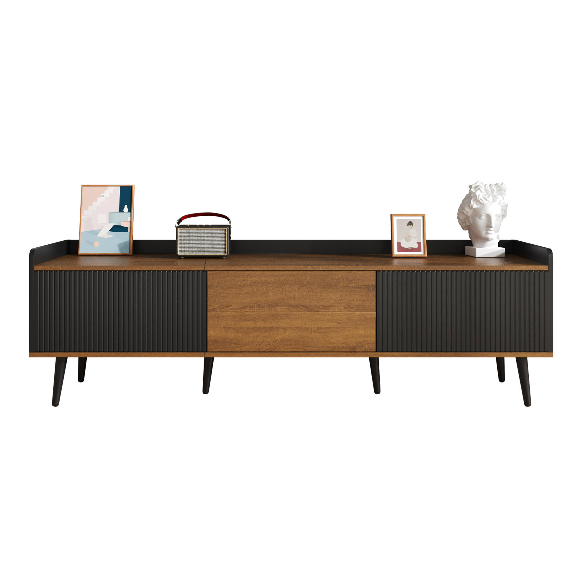Modfu TV skříňka z MDF a dřevotřísky 160x49,5x39 cm černá/přírodní se 3 dvířky, zvýšenou hranou a dřevěnými nohami