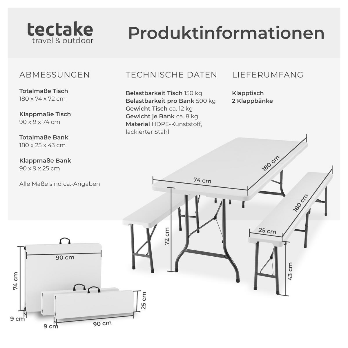 CAMPINGTISCHGARNITUR Panja,mit Tragegriffen,weiß - Weiß, Kunststoff (180/74/72cm) - tectake