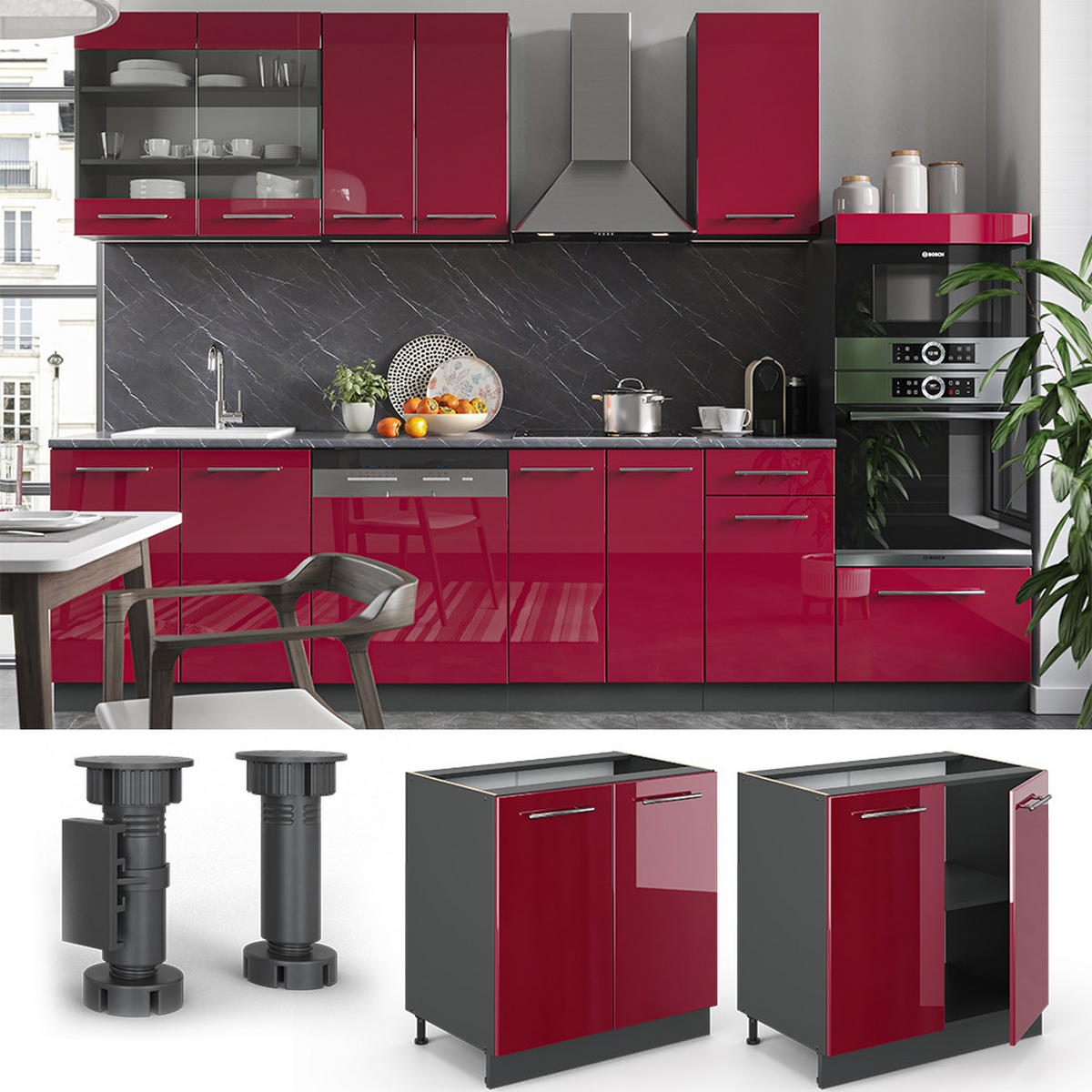 SPÜLENUNTERSCHRANK Fame-Line Bordeaux Hochglanz 80 cm mit Regal AP Anthrazit - Bordeaux/Anthrazit, Holzwerkstoff (80/82/60cm) - Vicco