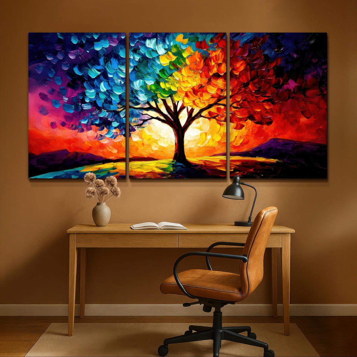LEINWANDBILD 3er Set Baum - Farbenfroh - Malerei-Look - Abstrakt 240x120 cm - Multicolor, Textil (240/120cm) - MuchoWow