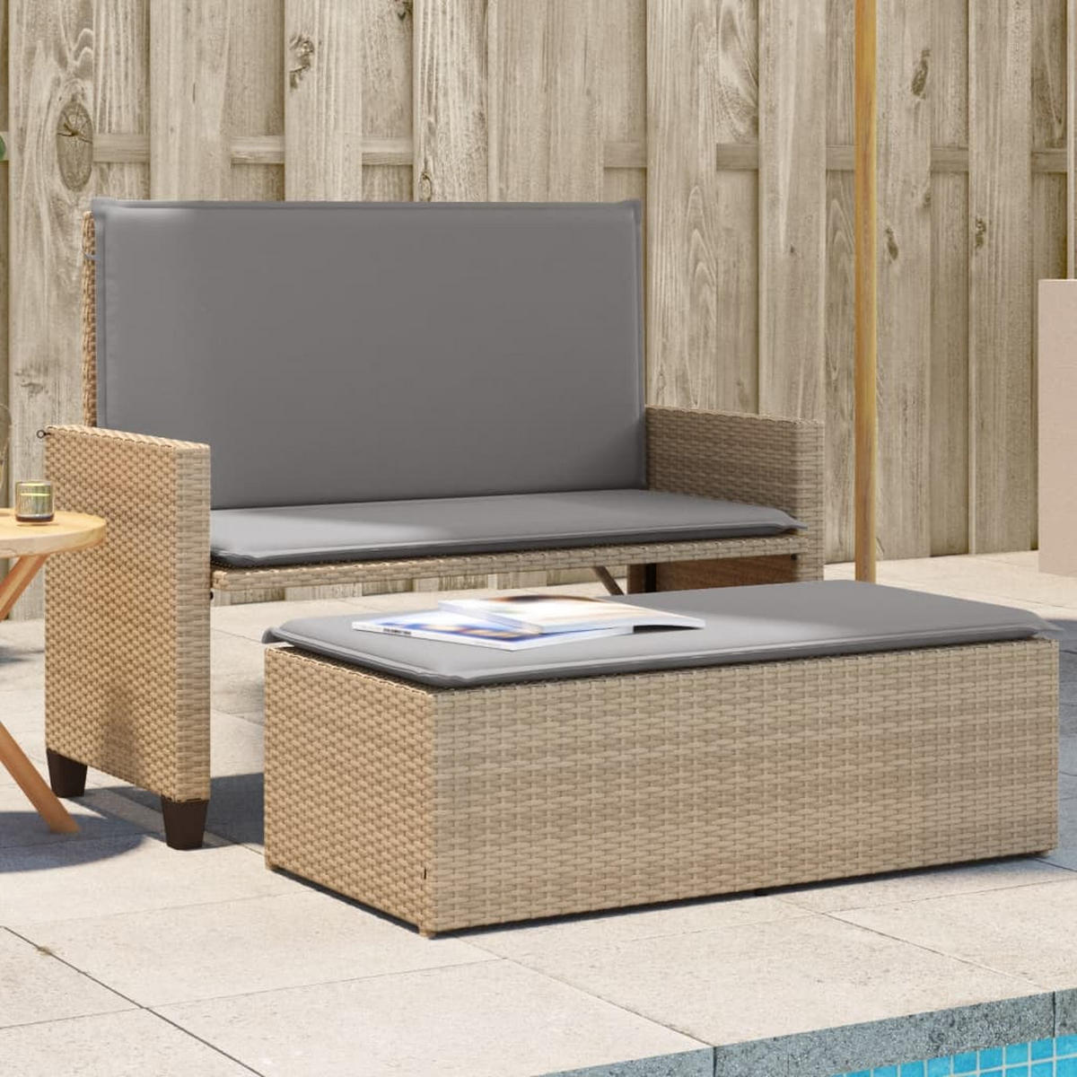 GARTENBANK mit Kissen und Hocker Beige Poly Rattan - Beige, Kunststoff (122/61.5/55cm) - furnicato