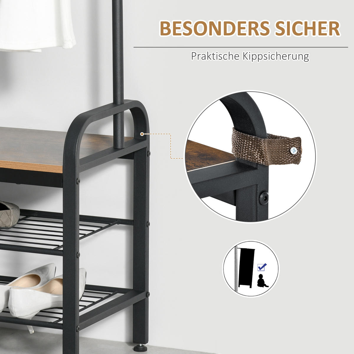 GARDEROBENSTÄNDER - Schwarz/Naturfarben, Holzwerkstoff/Metall (34/185/72cm) - HOMCOM