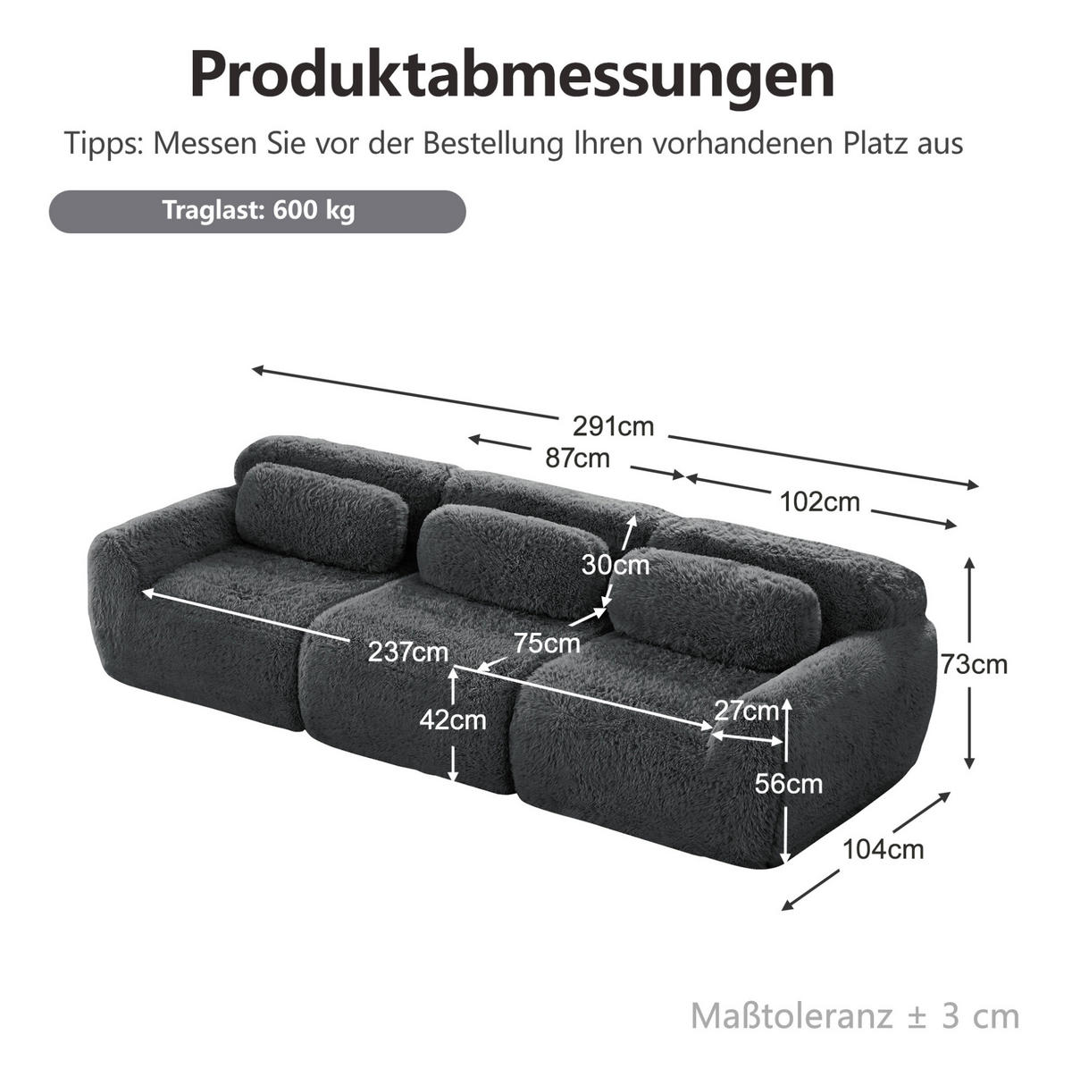 ECKSOFA mit Plüschbezug Grau 291x104x73 cm, modular, mit rutschfester Basis - Grau, Textil (104/291cm) - IVMEU