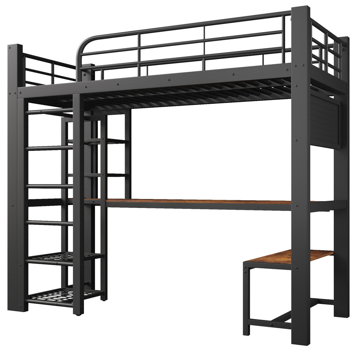 HOCHBETT 90/200 cm in Schwarz aus Metall mit LED, Ablagen, Schreibtisch und Kleiderstange - Schwarz, Holzwerkstoff/Metall (90/200cm) - WISHDOR
